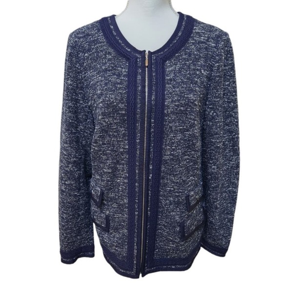 Talbot's Woman Navy Blue and White Collarless Zip Up Blazer, 14W NWT - Picture 1 of 11